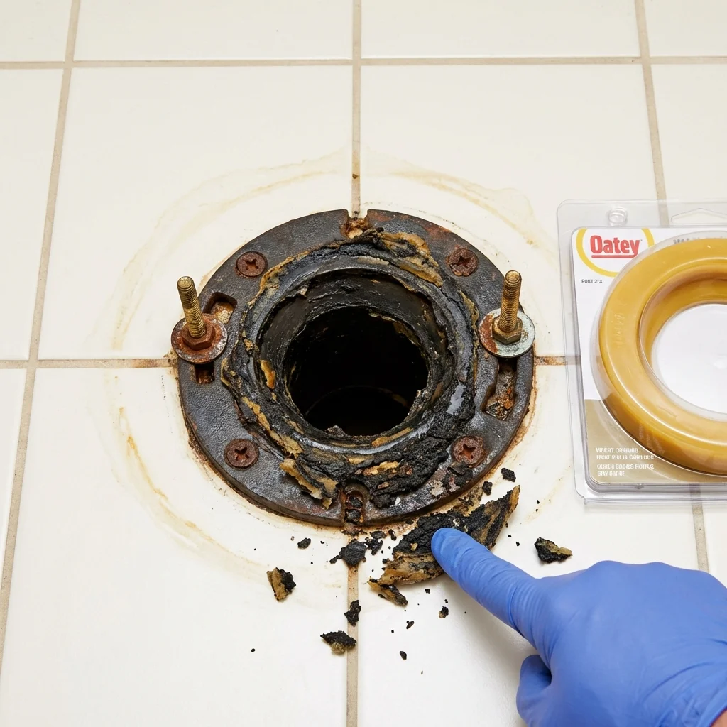Failed wax ring showing water seepage at the base of a toilet in a Cross City, FL home