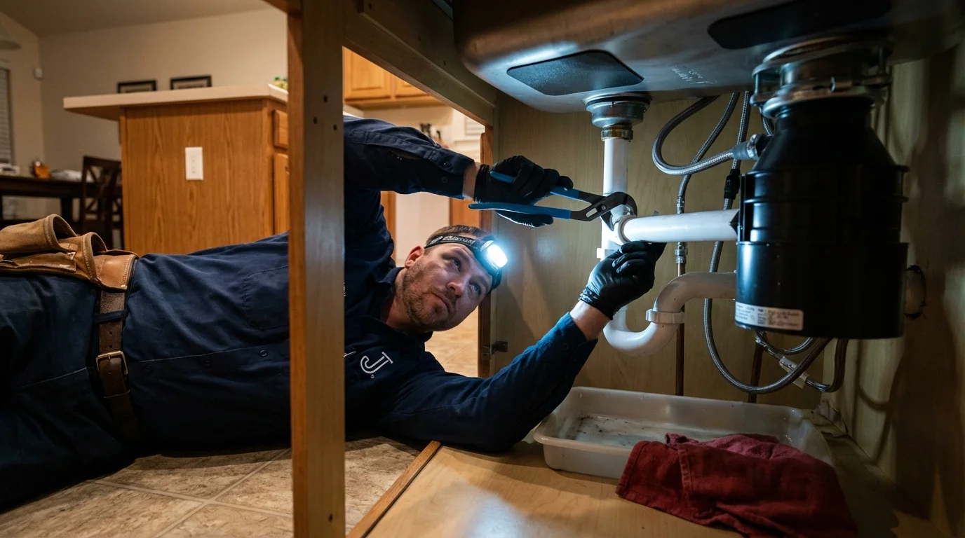 P-trap and supply line connections under a kitchen sink showing a common leak point in Cross City, FL